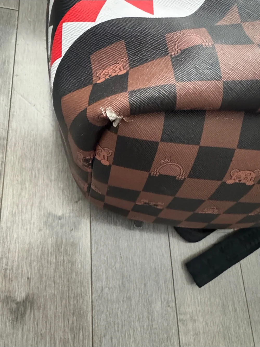 Sprayground Brown Checker Shark-Mouth Backpack with Red & White Accent